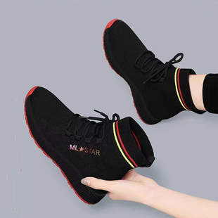 弹力飞织布高帮袜子鞋女四季爆款黑色显瘦针织舒适透气短靴棉鞋女