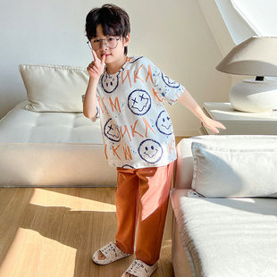长裤新款短袖睡衣2026男孩纯棉夏季家居服儿童卡通中大童套装男童