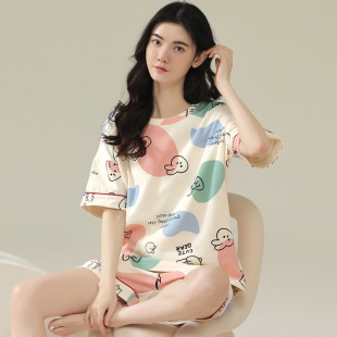 春秋季 带胸垫短袖 纯棉短袖 短裤 睡衣女款 夏天家居服可外穿套装 夏季
