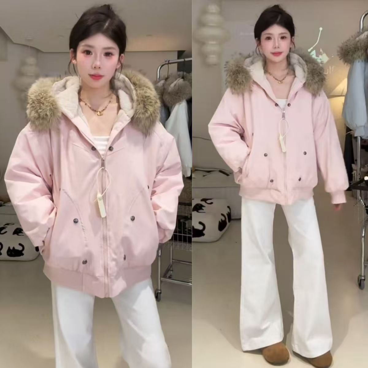 加厚常规浅粉色拉链款派克棉服冬