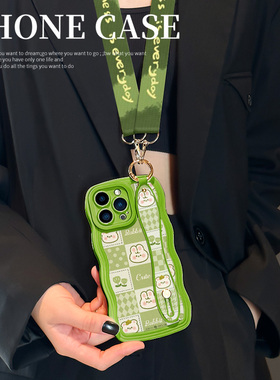 绿色格兔兔适用于苹果14promax手机壳14新款12promax全包ip13防摔14pro网红11潮牌ins风X/XS波浪斜跨软壳