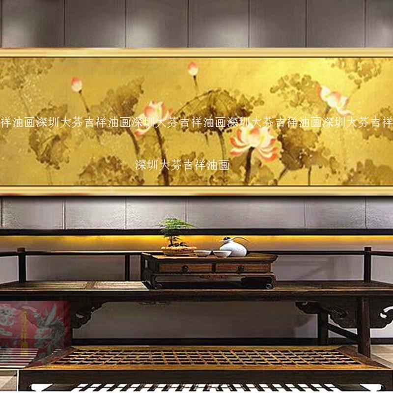 手绘横版东南亚装饰画有框画单幅酒店会所家居壁画贴金箔荷花挂画图片