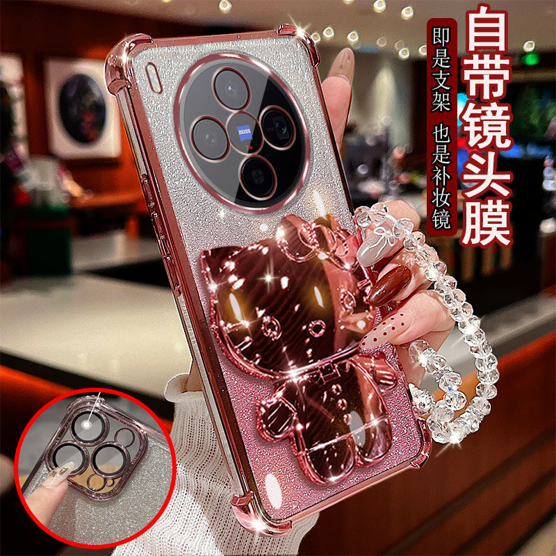 适用vivo x300手机壳pro透明气囊防摔一体镜头膜全包边保护套女士新款小猫支架带镜子软硅胶可爱网红奢华