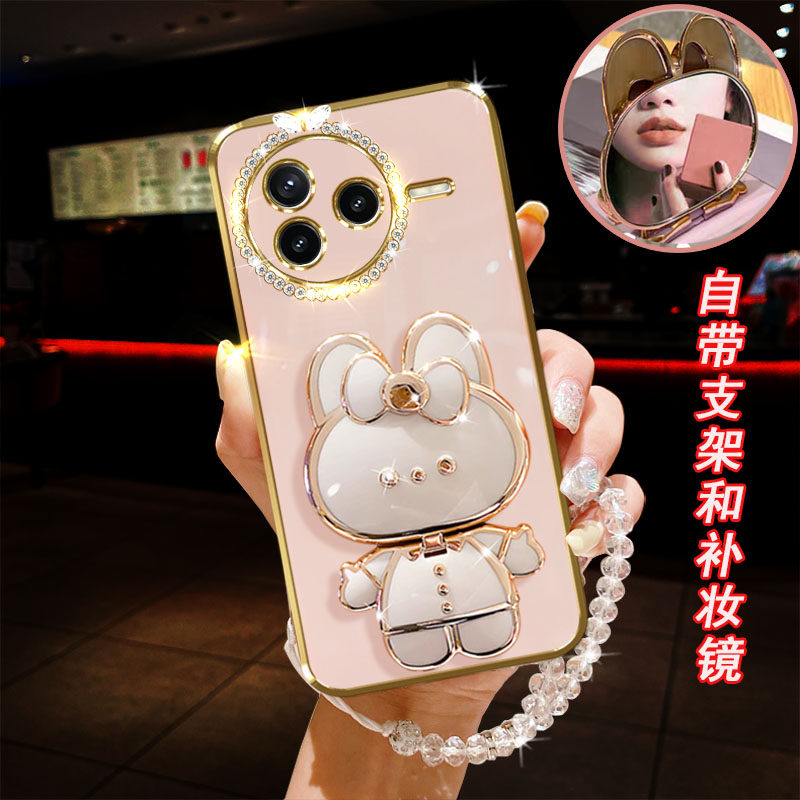 适用小米红米K80手机壳5G卡通小兔pro化妆镜子桌面支架横竖电镀防摔时尚奢华保护套镶钻手链软胶镜头全包直边