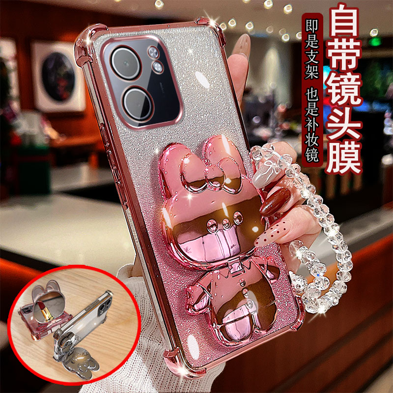适用OPPO A5X手机壳PKW110透明5G四角气囊防摔自带镜头膜全包保护套女网红奢华新款小兔支架补妆镜子软硅胶