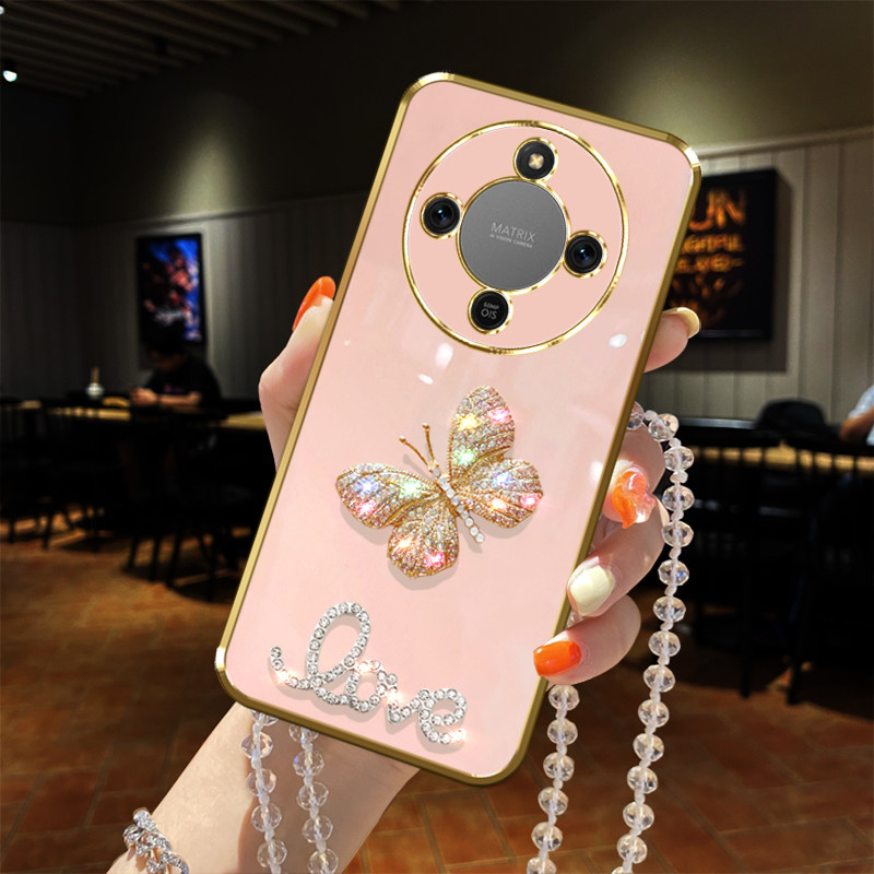 普路西适用荣耀x70手机壳闪镶水钻彩色蝴蝶镜头全包边电镀挂绳链子保护套精孔时尚防摔奢华软胶款