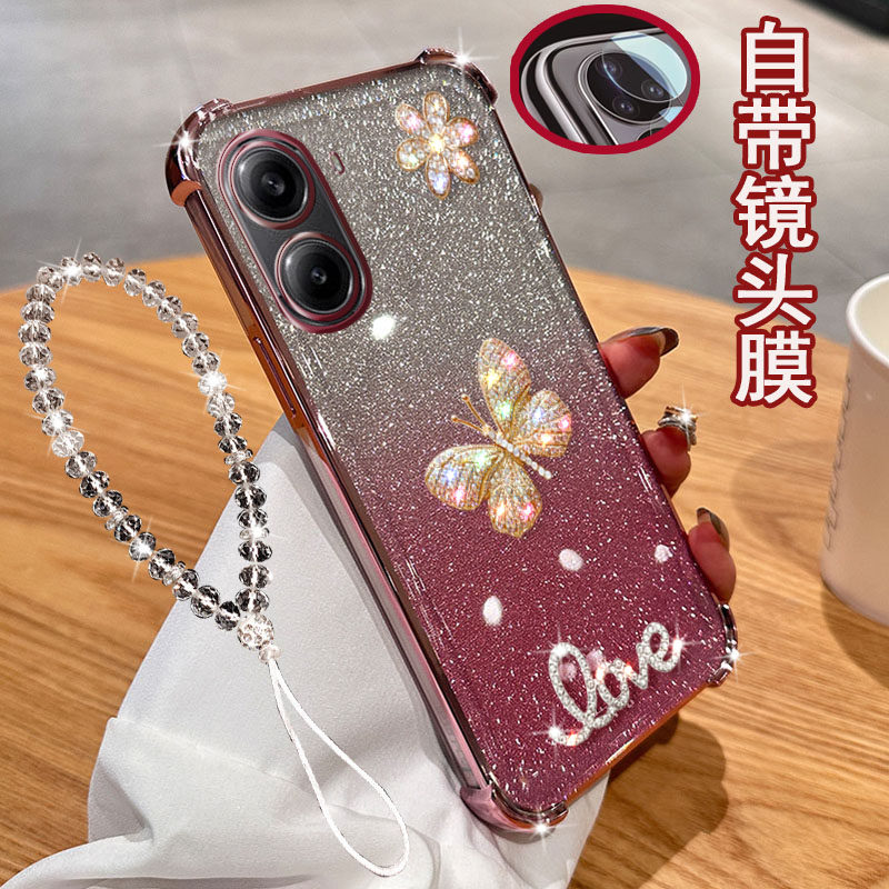适用小米redmi红米turbo4手机壳5G气囊透明闪粉立体镶水钻蝴蝶带镜头膜全包边电镀女款软硅胶防摔保护套时尚