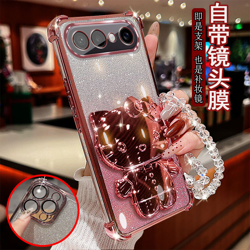 适用vivo S50promini手机壳V2527A透明气囊防摔一体镜头膜全包边保护套女士新款小猫支架带镜子软硅胶可爱