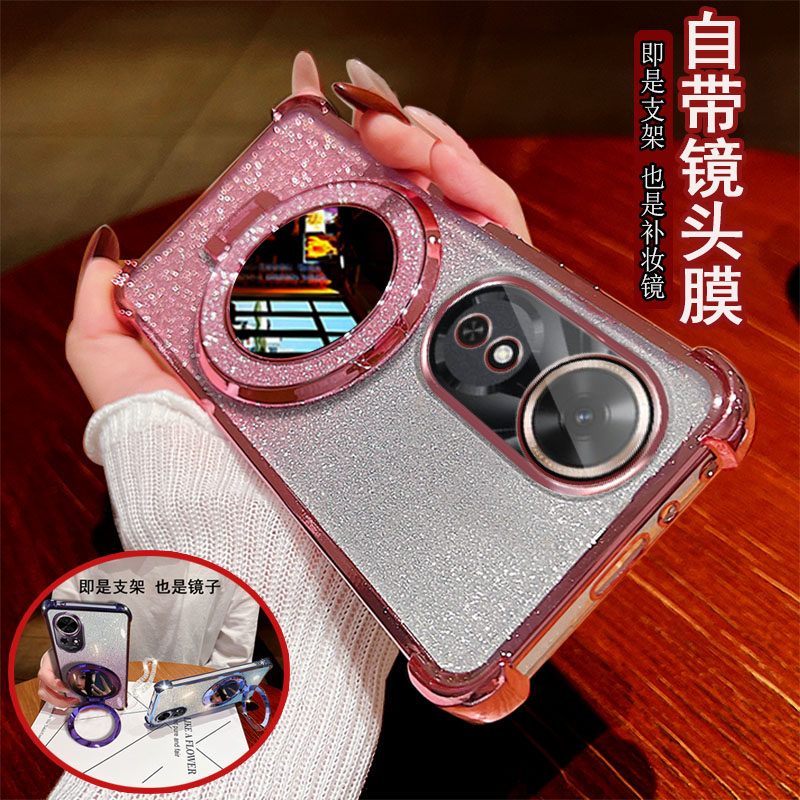 适用荣耀畅玩60手机壳透明honor四角气囊防摔撞NIC-AN00镜头全包边保护套女新款带支架化妆镜子软硅胶电镀