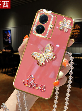 适用vivo s15e手机壳S15闪镶钻蝴蝶花朵水晶挂绳链子pro全包镜头框V2190A时尚V2203A女新款软2207防摔保护套