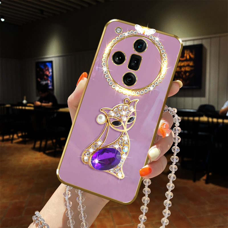 新品适用OPPO Findx7手机壳pro立体镶钻ultra宝石狐狸5G链子PHZ110全包边镜头女款软硅胶防摔保护套时尚潮流