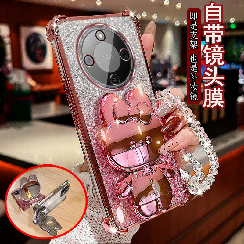 适用荣耀x70手机壳透明5G四角气囊防摔MTN-ANOO自带镜头膜全包保护套女新款小兔支架补妆镜子软硅胶网红奢华