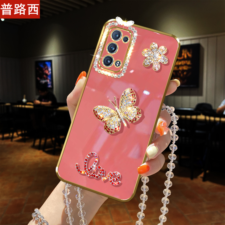 适用oppo reno6手机壳pro闪水钻蝴蝶+水晶挂绳链子5G女款PEQM00全包镜框防摔PEP网红限量新软PEN保护套