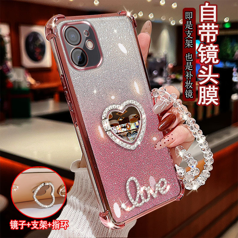 适用苹果11手机壳pro镶水proMax钻闪闪LOVE字母镜子指环旋转支架保护套防摔软胶一体镜头全包女款气囊新品