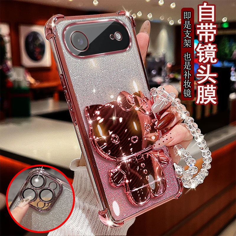 适用苹果17Air手机壳透明气囊防摔一体镜头膜全包边保护套女士新款小猫支架带镜子软硅胶可爱网红奢华