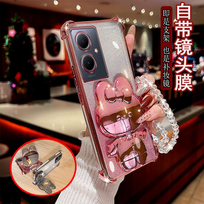新品适用vivo y78手机壳透明5G四角气囊+防摔V2278A自带镜头膜V2271A全包保护套女款小兔支架补妆镜子软胶