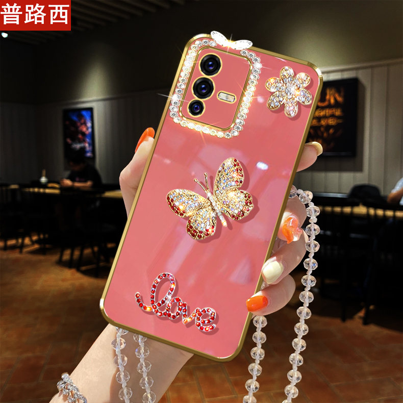 新品适用vivo S12手机壳水闪镶钻蝴蝶s12pro水晶挂绳链子女款V2162A全包镜头框防摔软时尚V2163A保护套