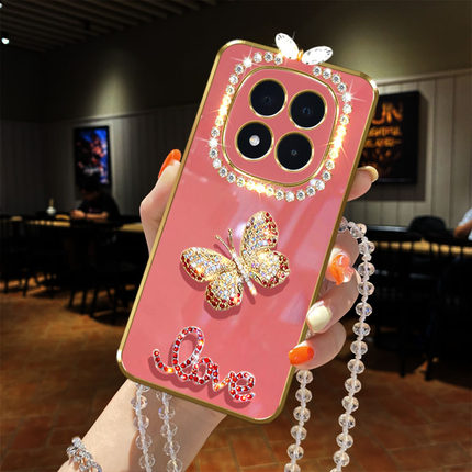 适用红米Note14手机壳pro+闪镶钻5G奢华小米redmi蝴蝶镜头全包直边电镀挂绳链子女款软胶防摔保护套时尚新品