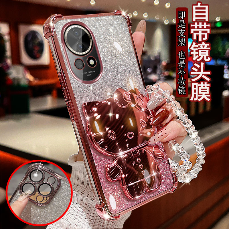 适用华为Nova12手机壳pro透明5G气囊防摔nova11镜头全包边活力版ultra保护套女新款小猫支架带镜子软硅胶创意