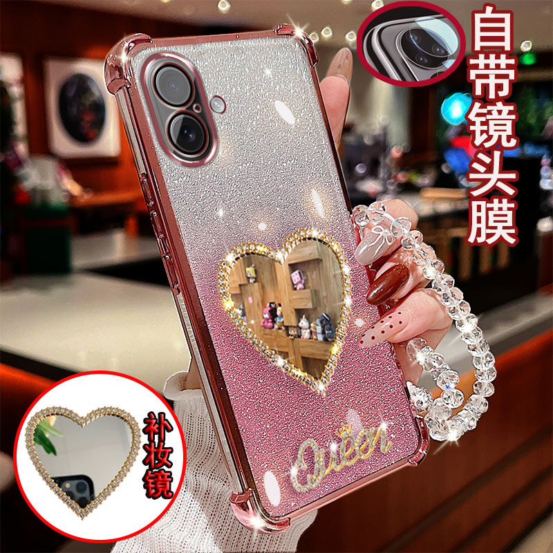 适用苹果17手机壳pro一体镜头Max全包边镶钻爱心镜子四角气囊防摔保护套女款透明软胶时尚新品网红奢华性