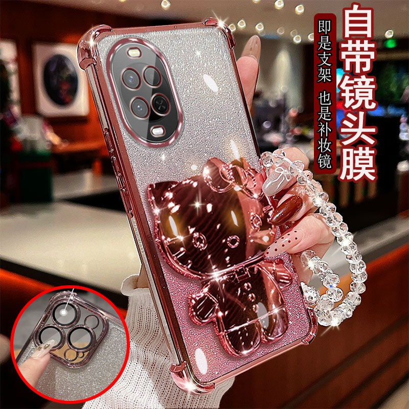 适用华为nova15手机壳PSN-AL00透明气囊防摔一体镜头膜全包边保护套女士新款小猫支架带镜子软硅胶可爱网红
