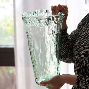 波浪口玻璃花瓶富贵竹百合插花透明花器客厅餐桌摆件 西班牙风格