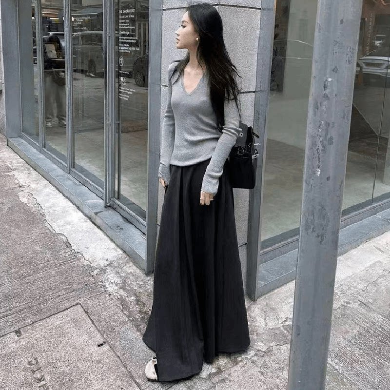 黑色加厚半身裙女松紧腰2026秋冬百搭宽松大摆a字裙显瘦过膝长裙