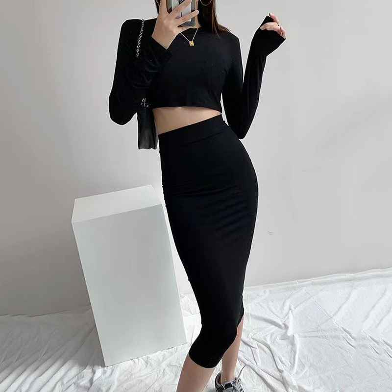 春夏黑色高腰包臀半身裙女中长款修身显瘦弹力一步裙性感风紧身裙