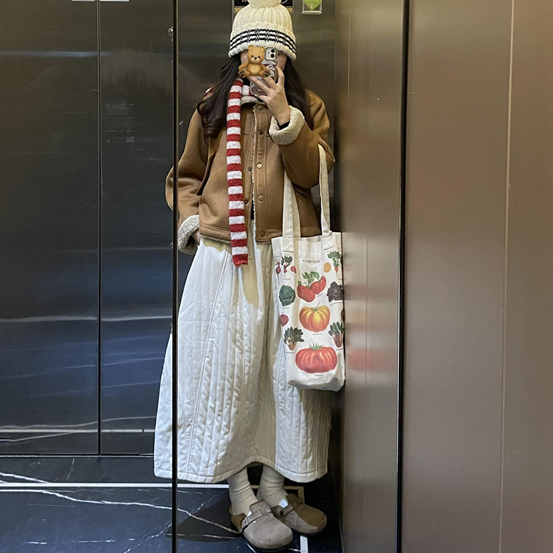 2025冬季黑色杏色夹棉A字裙半身裙女松紧腰高腰宽松质感抽绳长裙