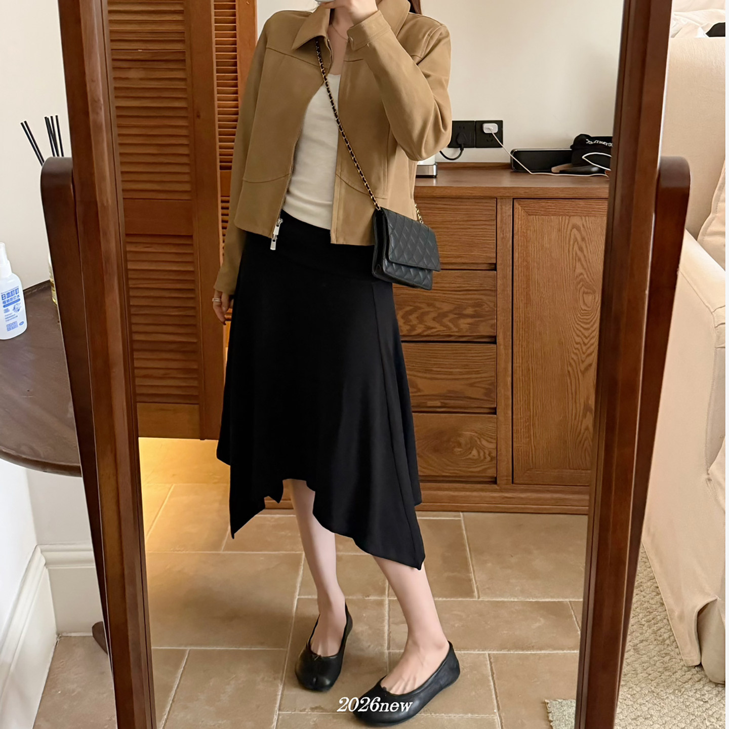黑色不规则莫代尔半身裙女秋中长款显瘦百搭垂感高级设计感下摆裙