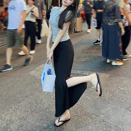 莫代尔垂感半身裙女轻欧裙新款百搭韩版休闲高腰开叉裙直筒长裙夏