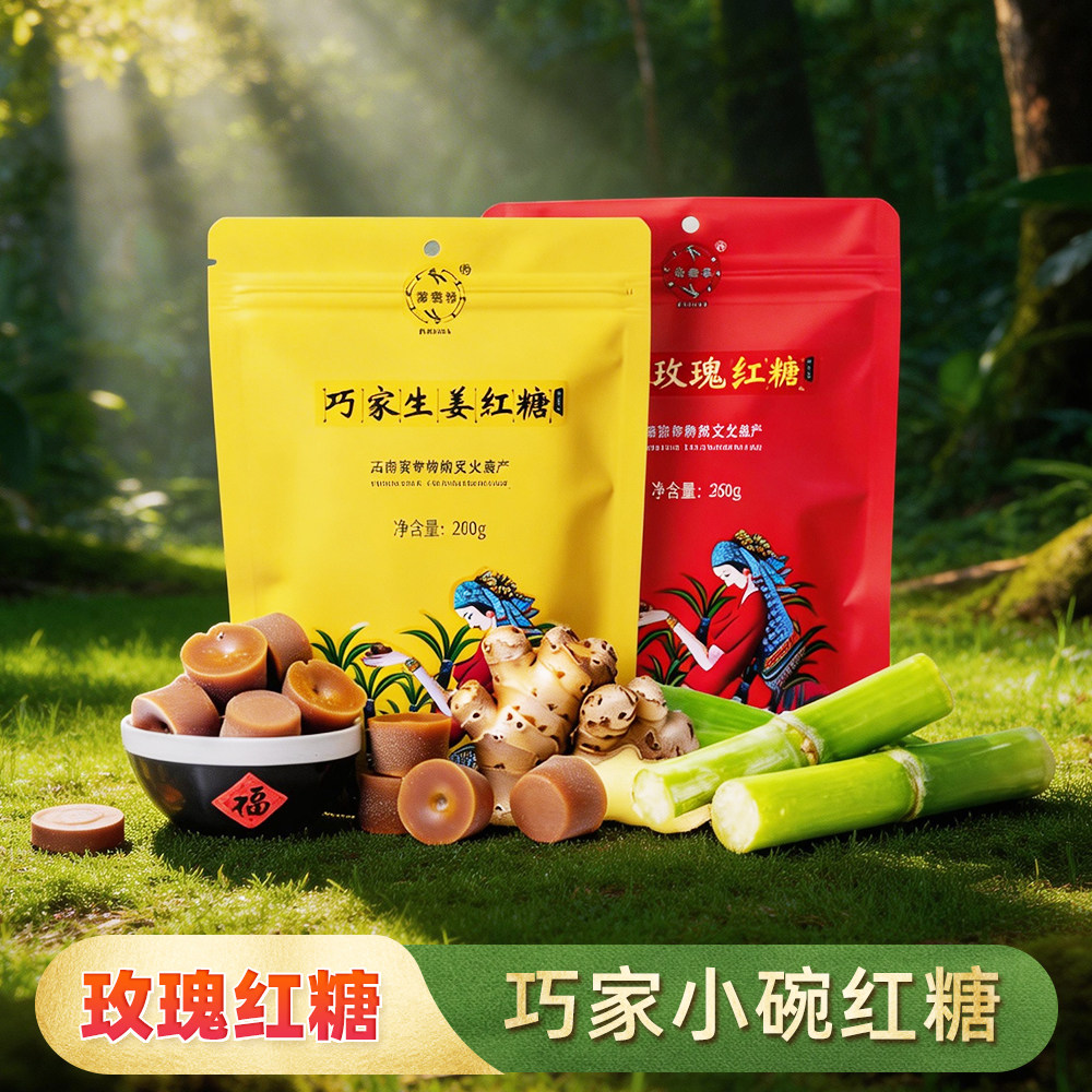 巧家老红糖巧家手工甘蔗云南小碗红糖玫瑰姜糖姜茶260g/袋
