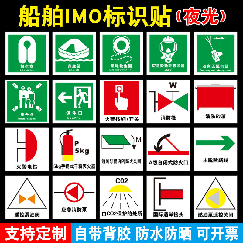 船用imo夜光标识贴船舶主脱险通道逃生口救生衣带灯绳救生圈荧光标志
