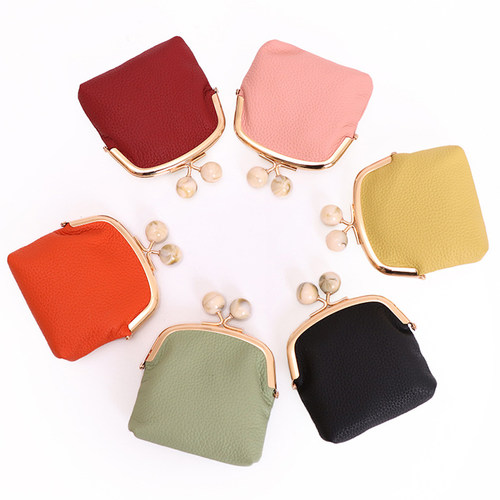 新款真皮口金包可爱纯色夹子高颜值硬币包荔枝纹小巧零钱包女首饰