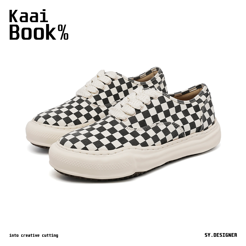 KaaiBook黑白棋盘格拼接帆布鞋男女三原康裕潮牌百搭厚底休闲板鞋