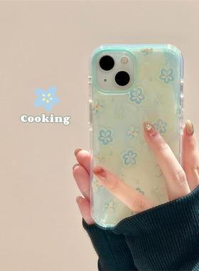 cooking蓝色油画花朵苹果16pro手机壳小清新iphone15新款13女款14promax双层15pro保护套小众个性高级感适用