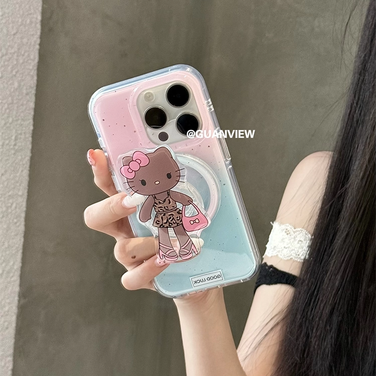 ins渐变泼墨黑皮长腿kitty猫磁吸支架适用iphone16promax苹果15手机壳14pro简约13防摔16pro手机套