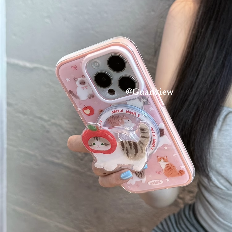 ins卡通红苹果小花猫磁吸支架适用iphone16promax苹果15手机壳14pro二合一硅胶13防摔16pro全包软套