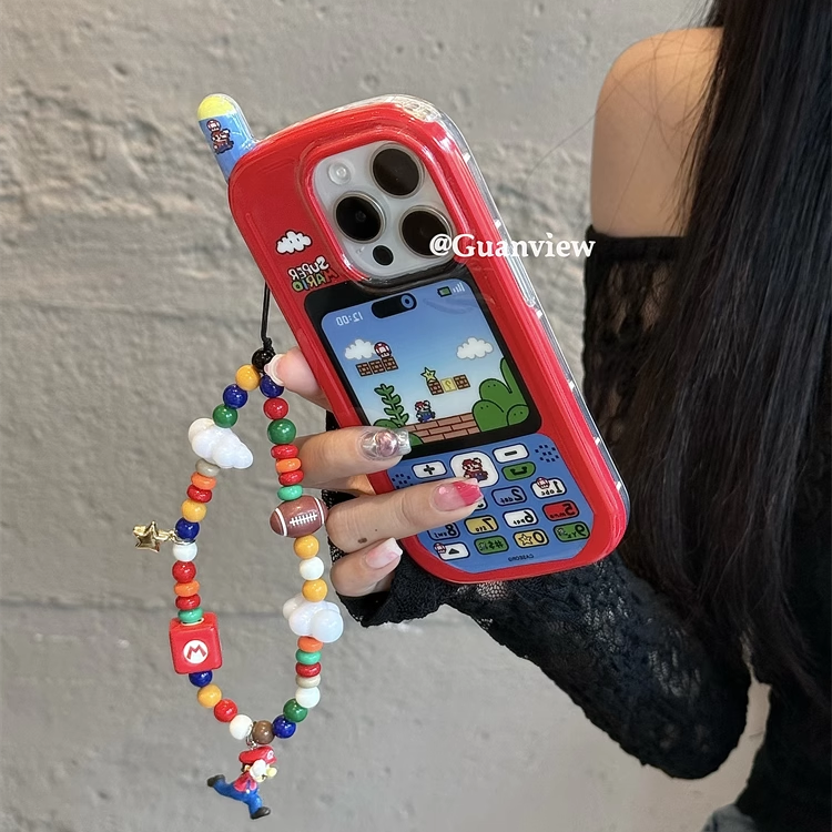 童趣游戏电话机马里奥带链条适用iphone16promax苹果15手机壳14全包软硅胶13防摔16pro可爱12保护套