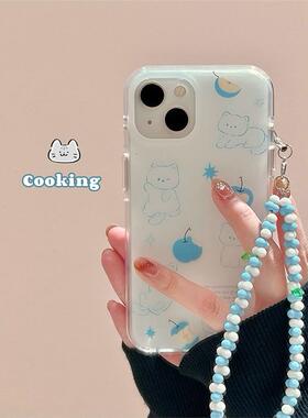 cooking韩系ins蓝色线条猫咪适用iphone16Promax手机壳链条挂绳苹果15个性14新款13pro防摔双层14pro手机套软