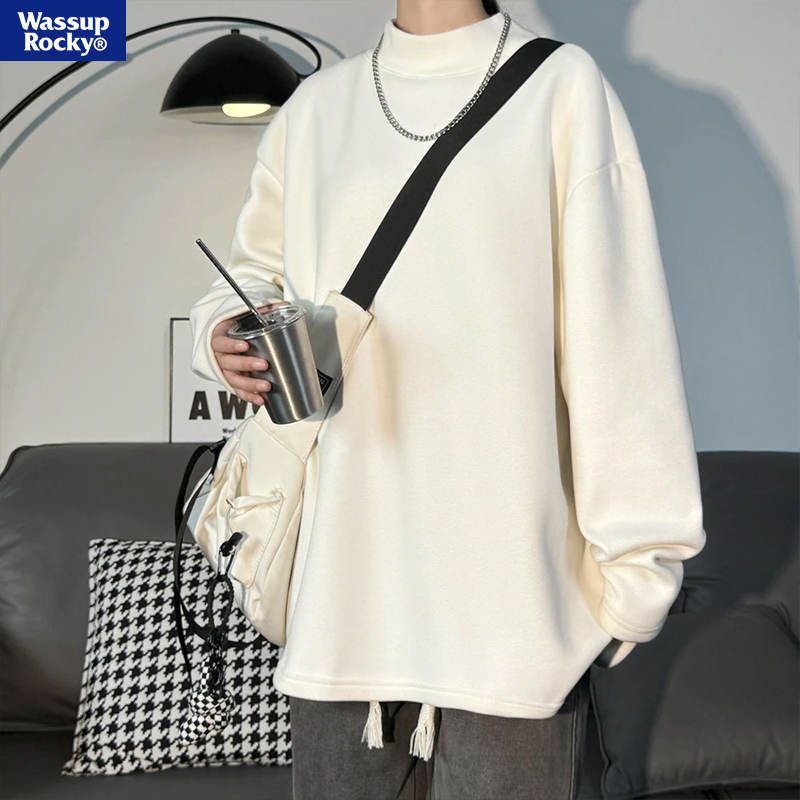 WASSUP ROCKY半高领德绒卫衣男秋冬季加绒长袖打底衫潮牌宽松内搭