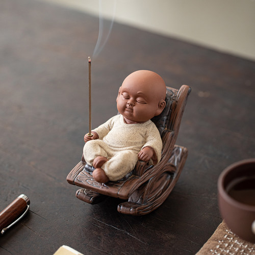 中式禅意趣味紫砂小和尚摇摇椅茶宠摆件家居复古风茶室装饰品摆设