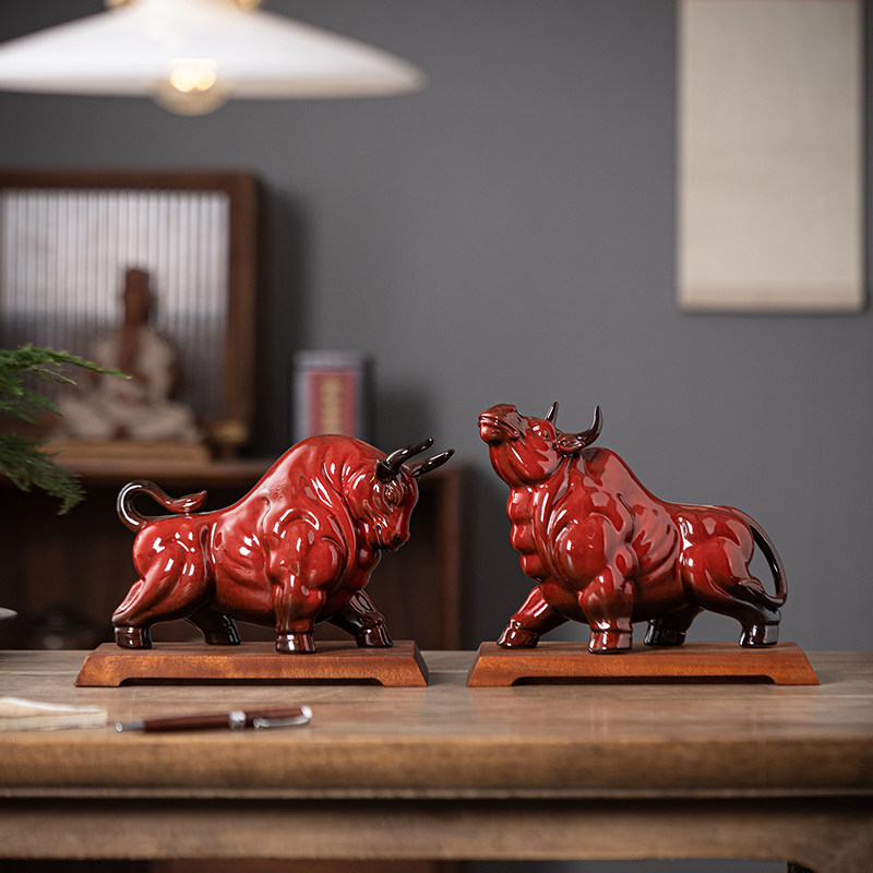 牛气冲天陶瓷摆件红色招财生肖牛吉祥物家居客厅办公室桌面装饰品,家居饰品,桌面摆件,淘宝优惠券,粉丝福利购,淘宝优惠卷