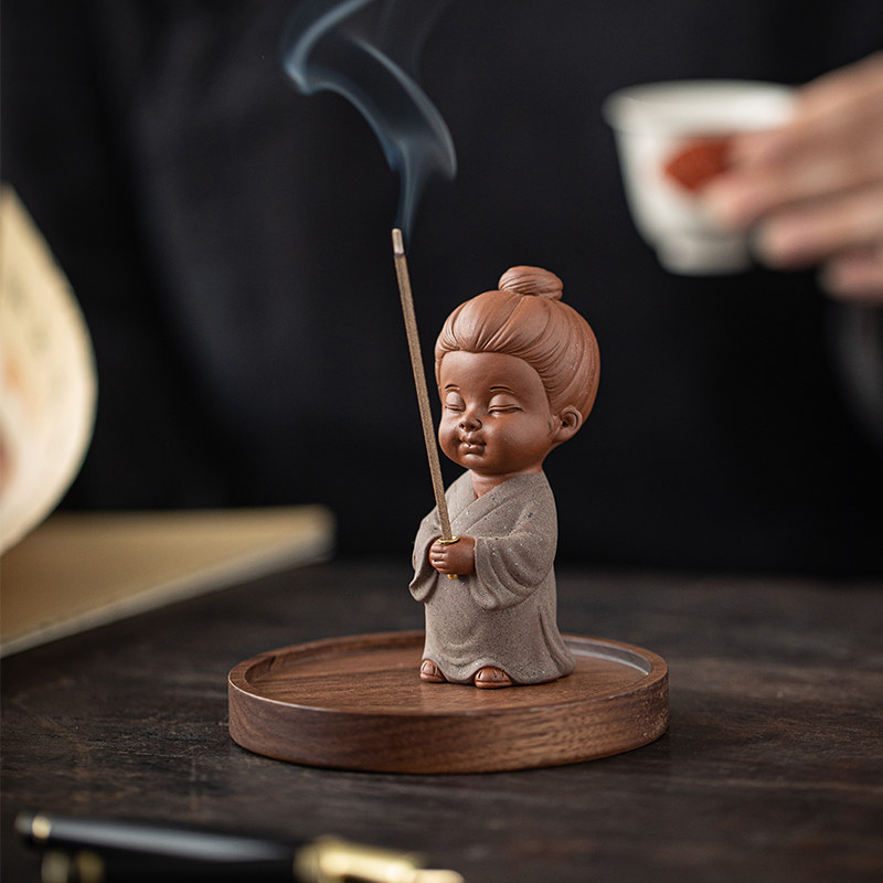 覆古许愿 小道士禅意摆件陶瓷人物线 线香插香座茶桌家用香薰炉装