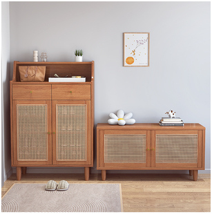 实木鞋柜家用门口换鞋凳组合入户门玄关鞋架樱桃红透气藤编鞋柜