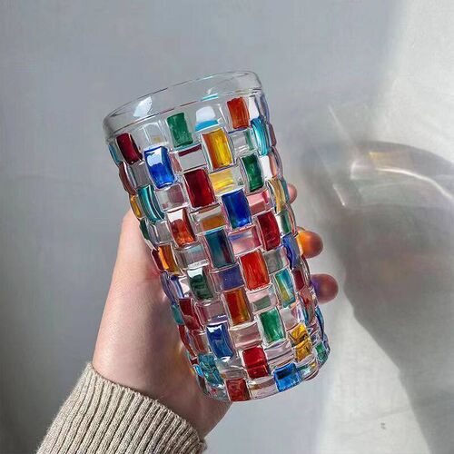 意大利设计师同款手绘彩绘线条编织水晶杯小礼品玻璃杯子