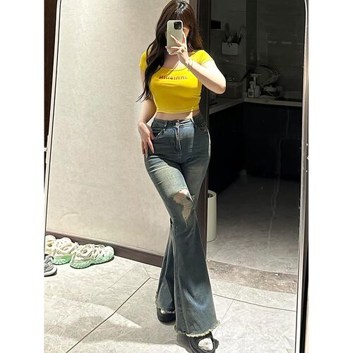 300斤大码胖mm高街辣妹破洞微喇牛仔裤女秋季弹力裤子修身喇叭裤