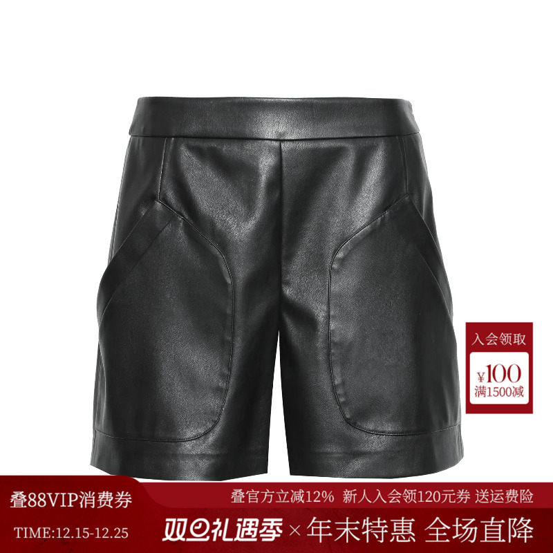 曼德诗高腰纯色皮裤2025秋季新款双色A字版宽松时尚设计感短裤女