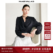 曼德诗V领纯色衬衫 立体手工玫瑰设计百搭衬衣女 时尚 2025夏季 新款