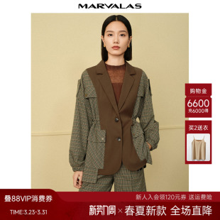 抽绳收腰设计感复古格纹拼接西装 曼德诗绵羊毛短外套2026春季 新品